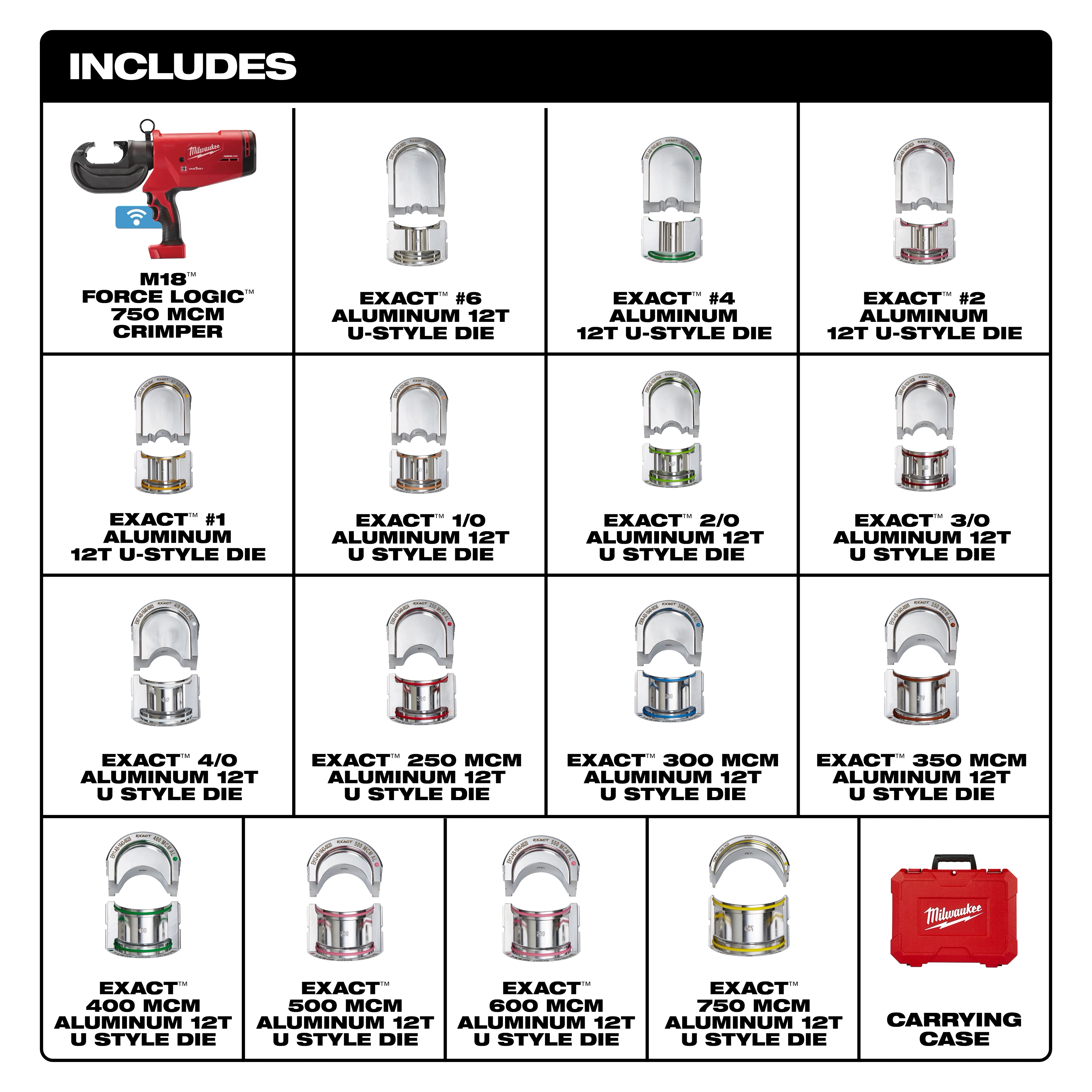 The M18™ FORCE LOGIC™ 750 MCM Crimper w/ #6 - 750 MCM Al Dies includes the crimper, sixteen aluminum 12T U-style dies for different wire sizes, ranging from #6 to 750 MCM. A red carrying case is also included for convenient storage and transport.