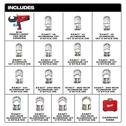 The M18™ FORCE LOGIC™ 750 MCM Crimper w/ #6 - 750 MCM Al Dies includes the crimper, sixteen aluminum 12T U-style dies for different wire sizes, ranging from #6 to 750 MCM. A red carrying case is also included for convenient storage and transport.
