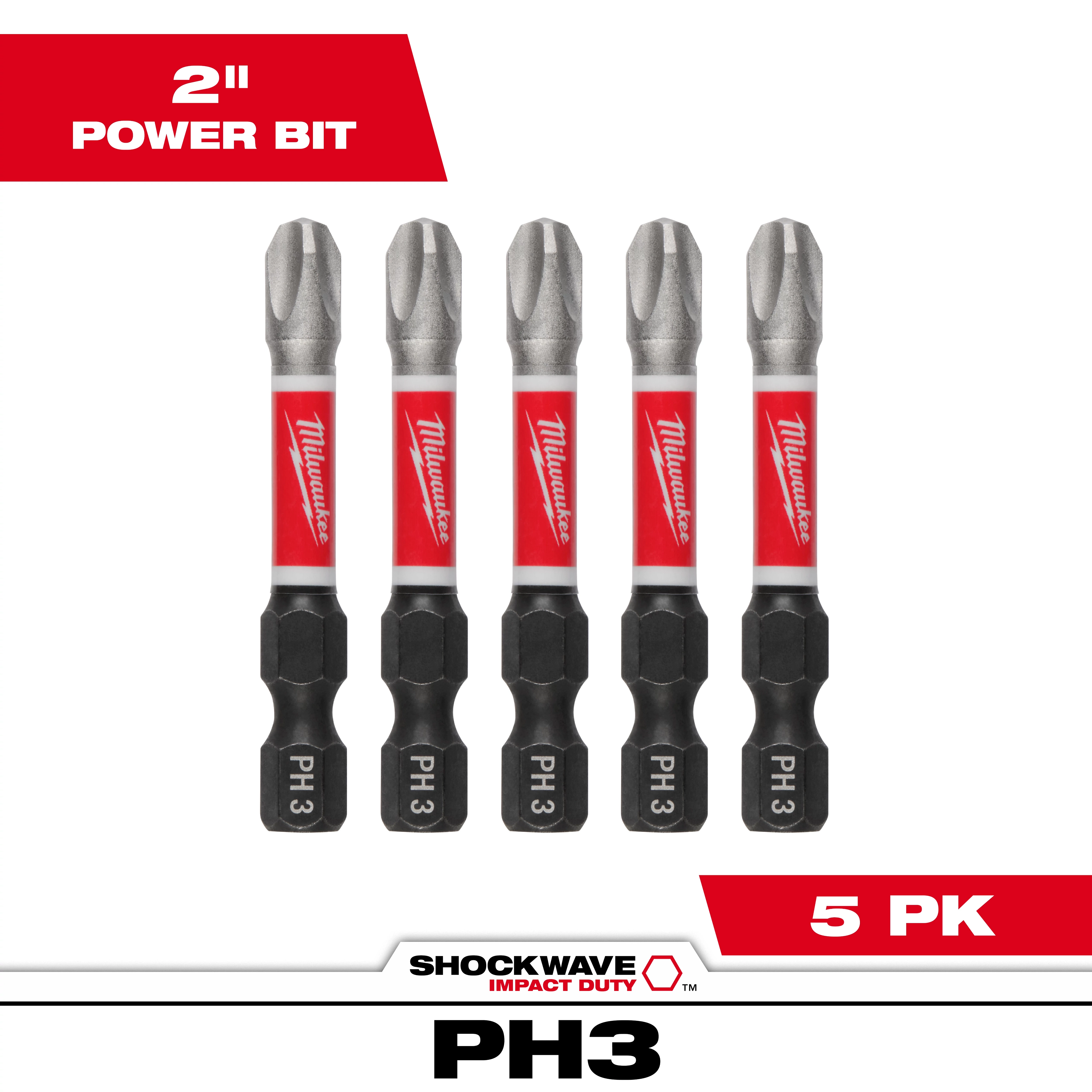 The image shows SHOCKWAVE™ 2" Impact Phillips #3 Power Bits (5 PK), displayed in a row. Each bit features a red Milwaukee label and a black base marked with "PH 3." Text on the image includes "2" Power Bit," "SHOCKWAVE Impact Duty," and "5 PK" in red and white.