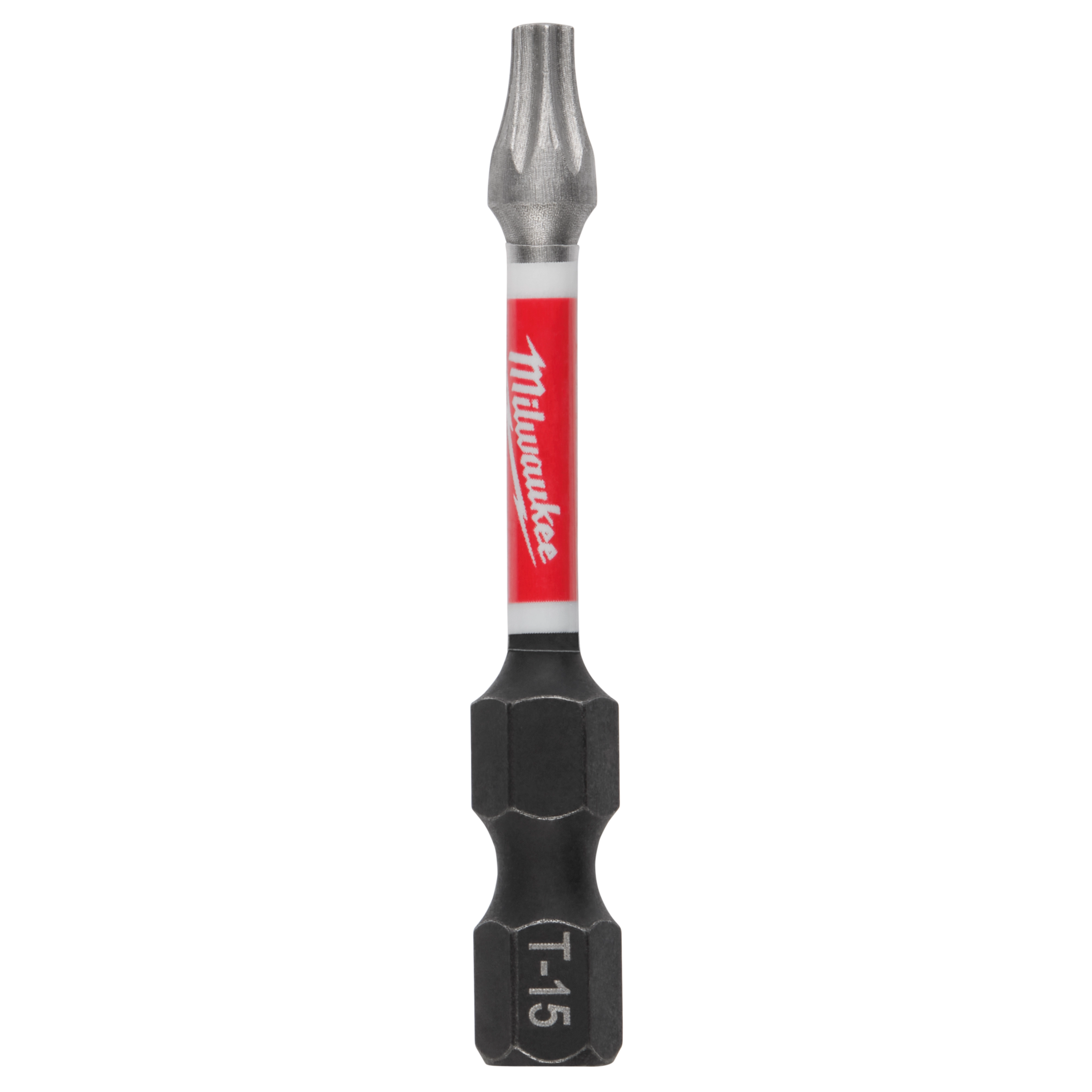 The image shows a SHOCKWAVE™ 2" Impact Duty TORX® T15 Power Bit. It features a red Milwaukee-branded shaft with a hexagonal base and a T15 TORX tip designed for impact drivers.