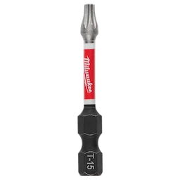 The image shows a SHOCKWAVE™ 2" Impact Duty TORX® T15 Power Bit. It features a red Milwaukee-branded shaft with a hexagonal base and a T15 TORX tip designed for impact drivers.