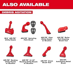 Image displaying various AIR-TIP™ Debris Agitation tools with a red and white color scheme. Products include M12™ AIR-TIP™ Utility Nozzle, AIR-TIP™ Swiveling Palm Brush, AIR-TIP™ Claw Utility Nozzle with Brushes, AIR-TIP™ Rocking Utility Nozzle with Brushes, AIR-TIP™ 2-1/2" Rocking Utility Nozzle with Brushes, and AIR-TIP™ Cross Brush Tool.