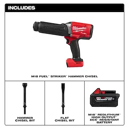 M18 FUEL STRIKER Hammer Chisel with two chisel bits and a rechargeable battery displayed on a white background.
