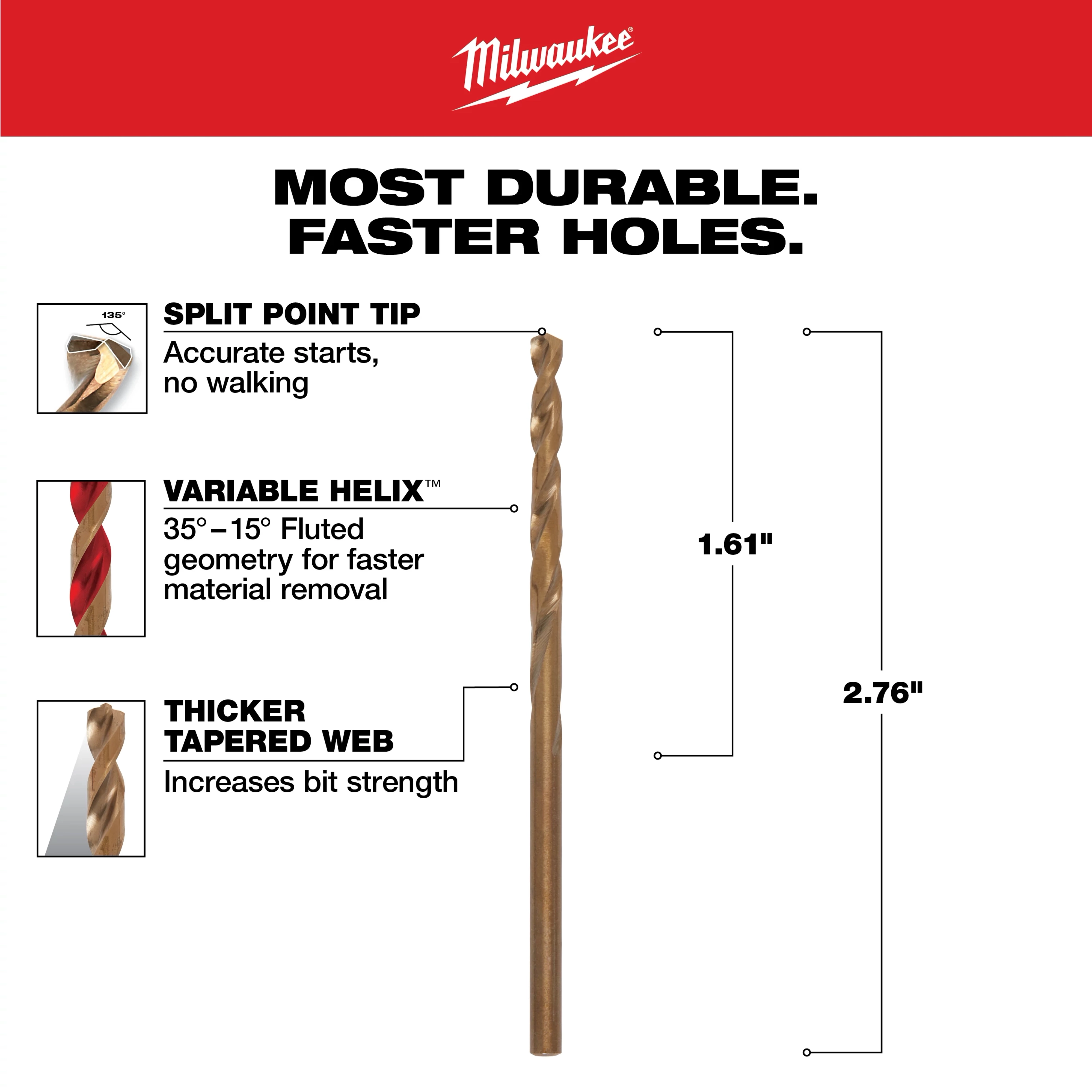 The 1/8 in. Cobalt Red Helix Twist Drill Bit is shown with features highlighted: split point tip for accurate starts, variable helix fluting for faster material removal, and a thicker tapered web for increased strength. Dimensions are 1.61 inches and 2.76 inches.