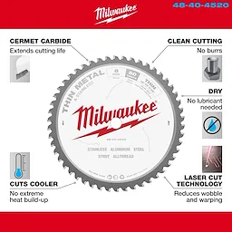 Milwaukee cutting blade model 48-40-4520 with features including Cermet Carbide, clean cutting without burrs, no lubricant needed, and reduced wobble.