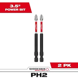 The image shows two SHOCKWAVE™ Impact Duty 3-1/2" PH2 Bits (2 PK). Each bit is 3.5 inches long with a black grip and a red logo in the middle. Text on the image highlights "3.5" Power Bit," "2 PK," and "PH2."