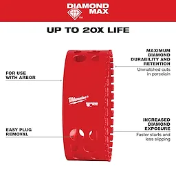 The Milwaukee 4-1/2" Diamond Max Hole Saw offers increased diamond exposure, easy plug removal, and is designed for use with an arbor.