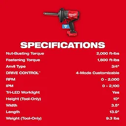 M18 FUEL 3/4" Extended Anvil High Torque Impact Wrench w/ ONE-KEY centered above white specifications text.