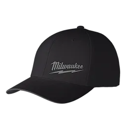 Black WORKSKIN Performance Fitted Hat with Milwaukee logo in gray text and a lightning bolt design on the front.