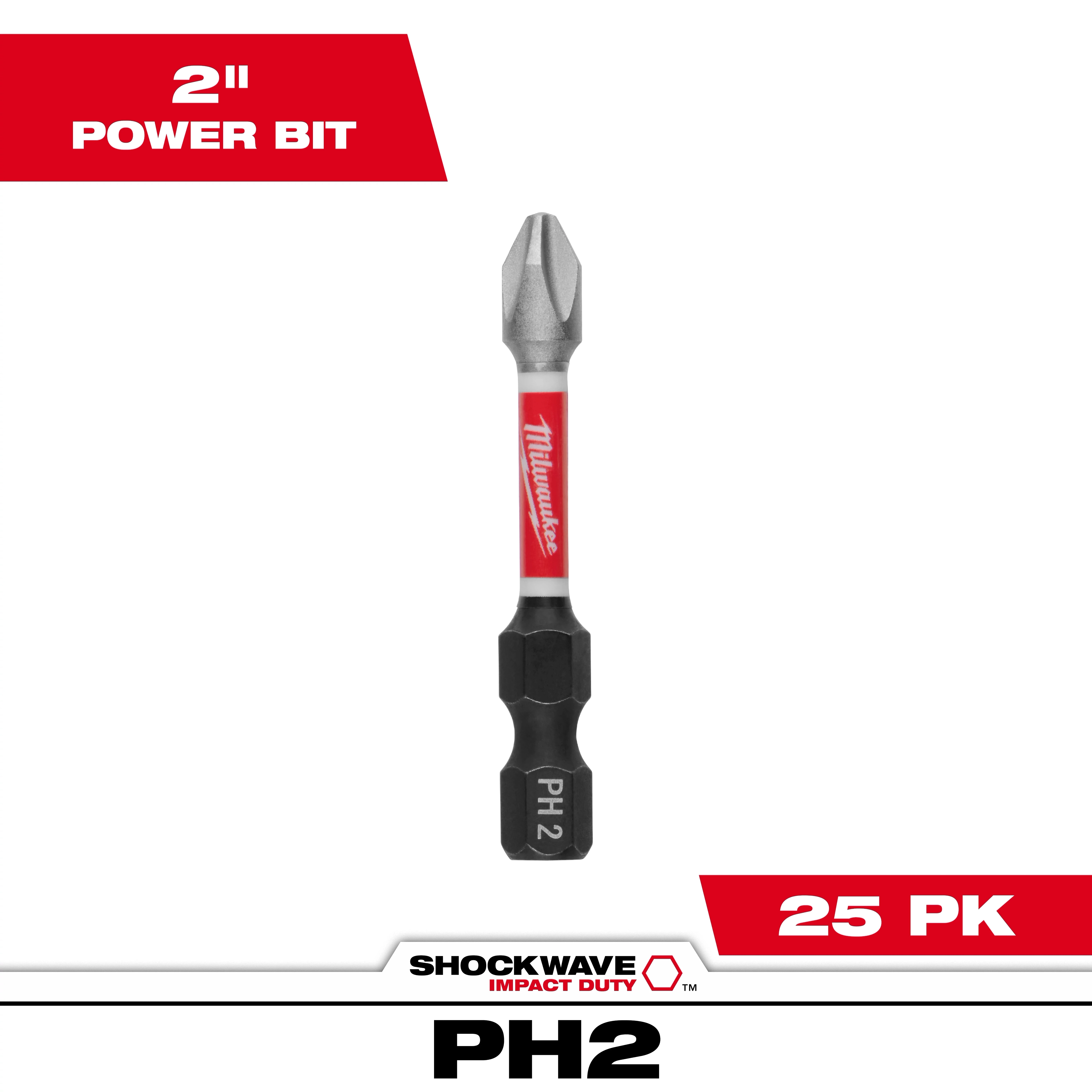 Image of a SHOCKWAVE™ 2" Power Bit Phillips #2 shown individually, with text indicating "2" Power Bit," "25 PK," and "Impact Duty PH2." The bit features a red and black coloration with the Milwaukee brand logo in red on a white background.