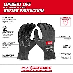 Cut Level 1 Nitrile Dipped Gloves w/ WEAR-DEFENSE Protection. Cut level 1.