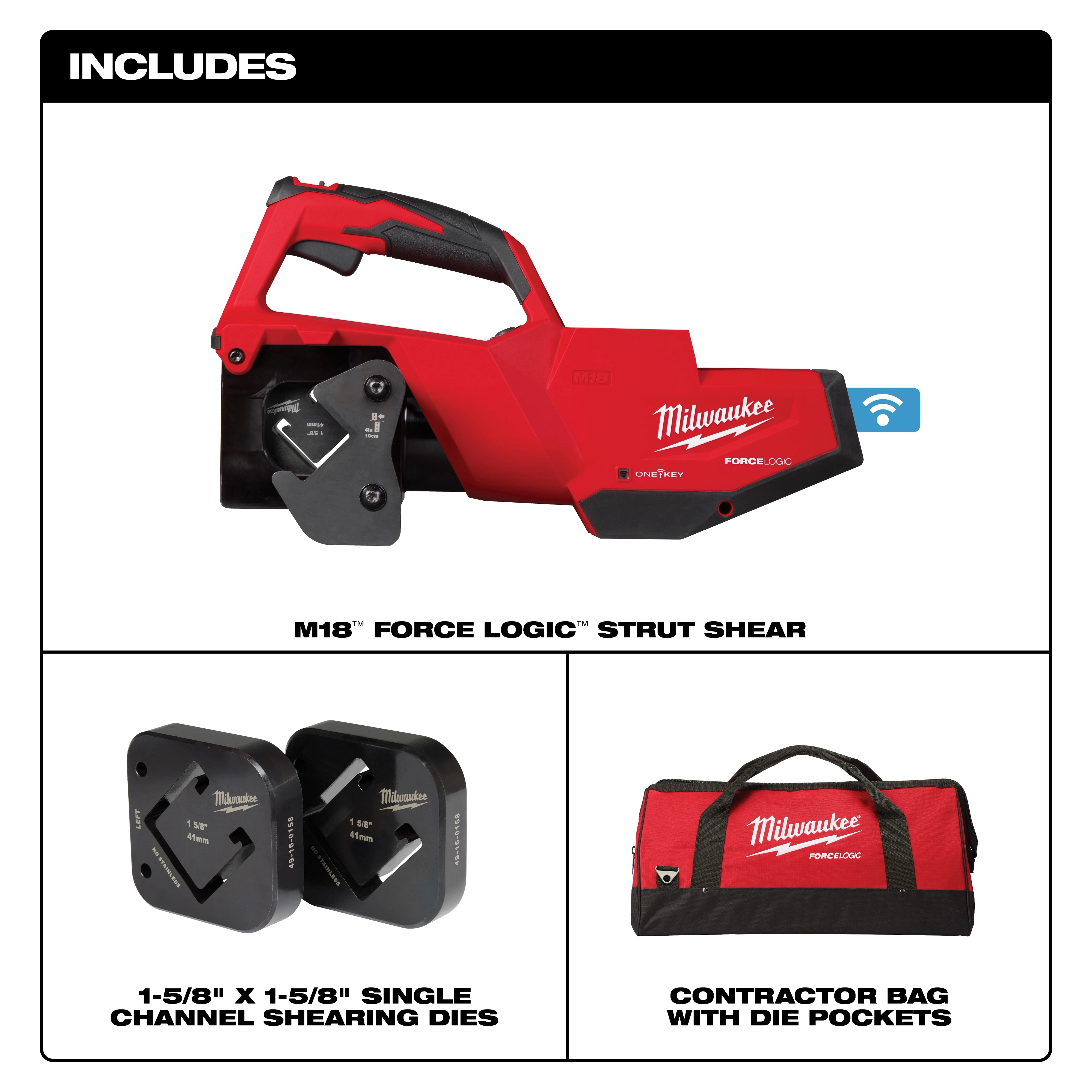 The image displays the M18™ FORCE LOGIC™ Single Channel Strut Shear, including 1-5/8" x 1-5/8" single channel shearing dies and a contractor bag with die pockets. The strut shear is red and black.