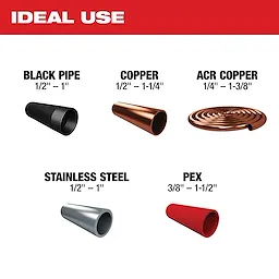 Ideal uses for the M12 FORCE LOGIC Press Tool Kit w/ ONE-KEY: Black Pipe (1/2"-1"), Copper (1/2"-1 1/4"), ACR Copper (1/4"-1 3/8"), Stainless Steel (1/2"-1"), PEX (3/8"-1 1/2").