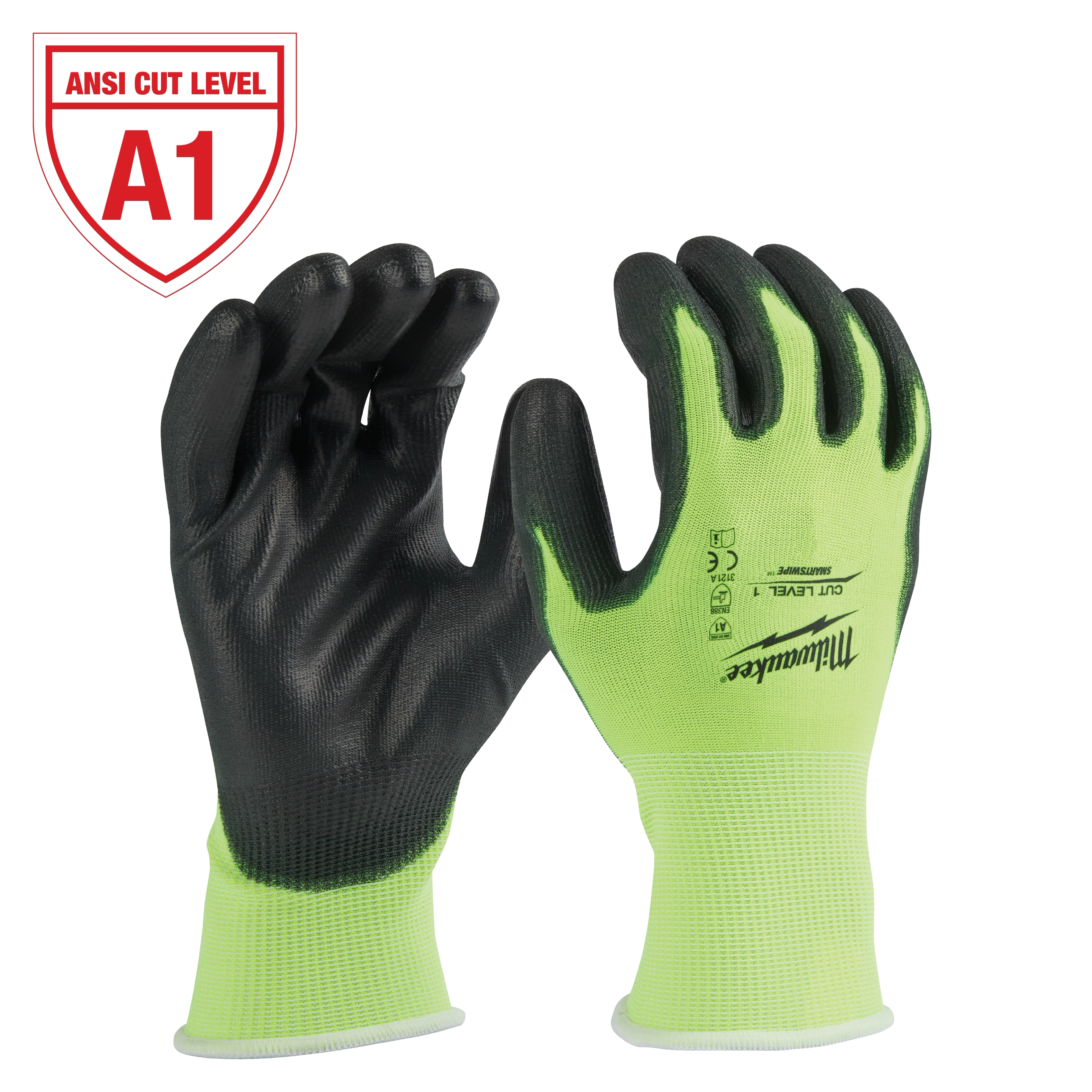 High Visibility Level 1 Cut Resistant Polyurethane Dipped Work Gloves in black and neon green with an ANSI Cut Level A1 rating.