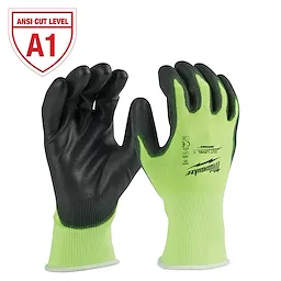 High Visibility Level 1 Cut Resistant Polyurethane Dipped Work Gloves in black and neon green with an ANSI Cut Level A1 rating.