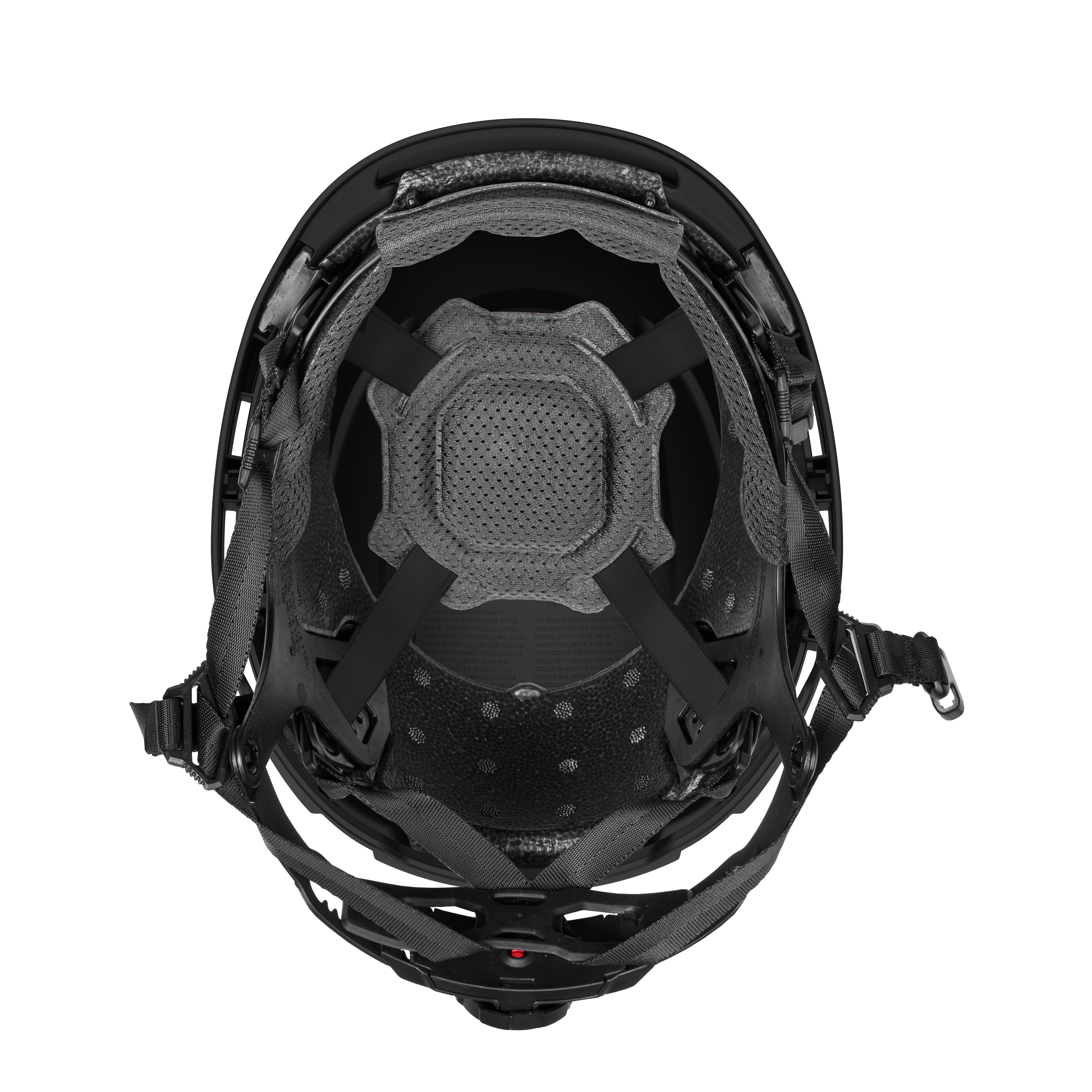 BOLT™ Black Safety Helmet with 4-point Ratcheting Suspension is a Type 2, Class E helmet. The image shows the interior suspension system with padded support for comfort and a secure fit. It includes adjustable straps and a black exterior finish, designed to protect against impacts and electrical hazards.