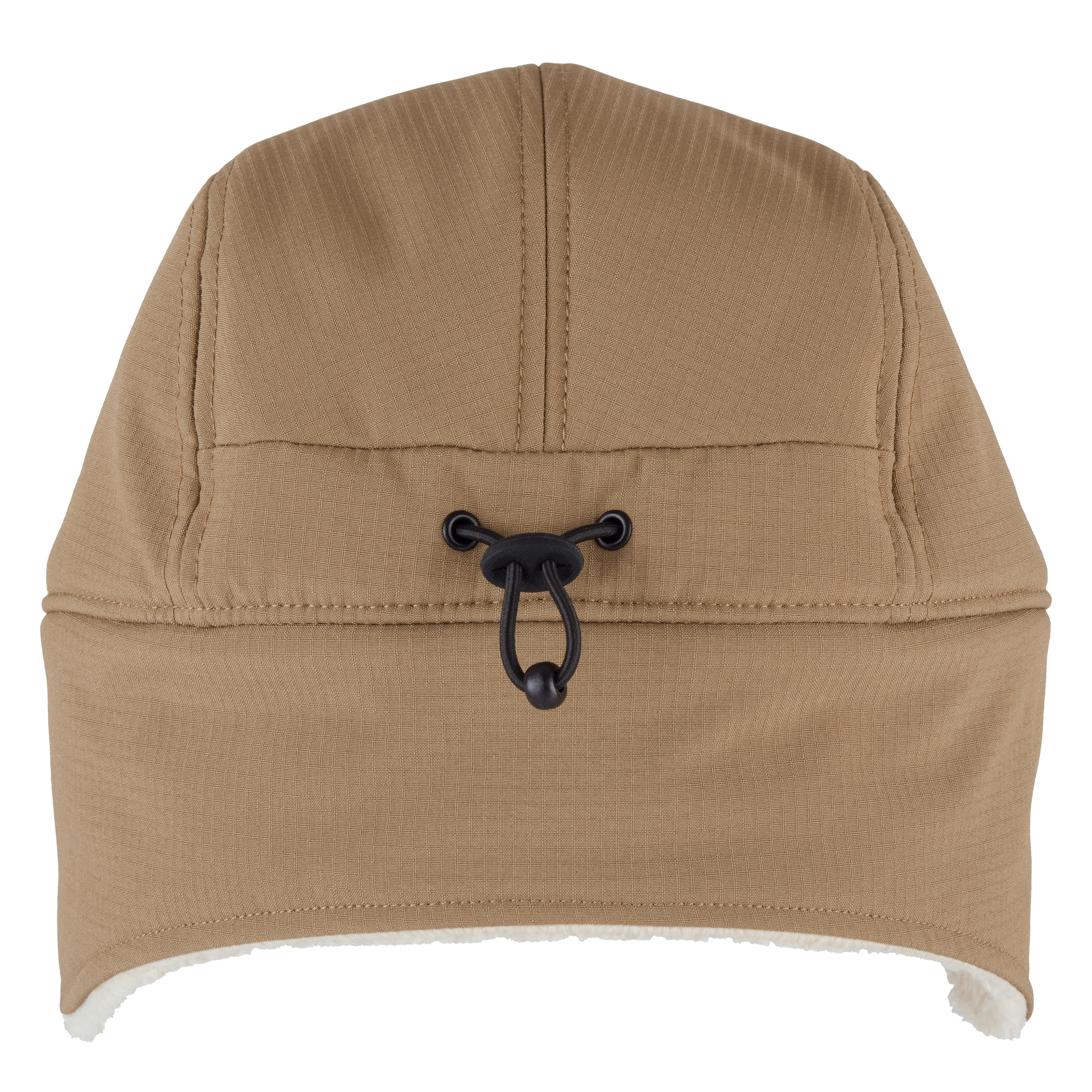 Sherpa-Lined Hat in tan color with a drawstring closure at the front. The interior is lined with soft, white sherpa material.