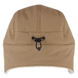 Sherpa-Lined Hat in tan color with a drawstring closure at the front. The interior is lined with soft, white sherpa material.