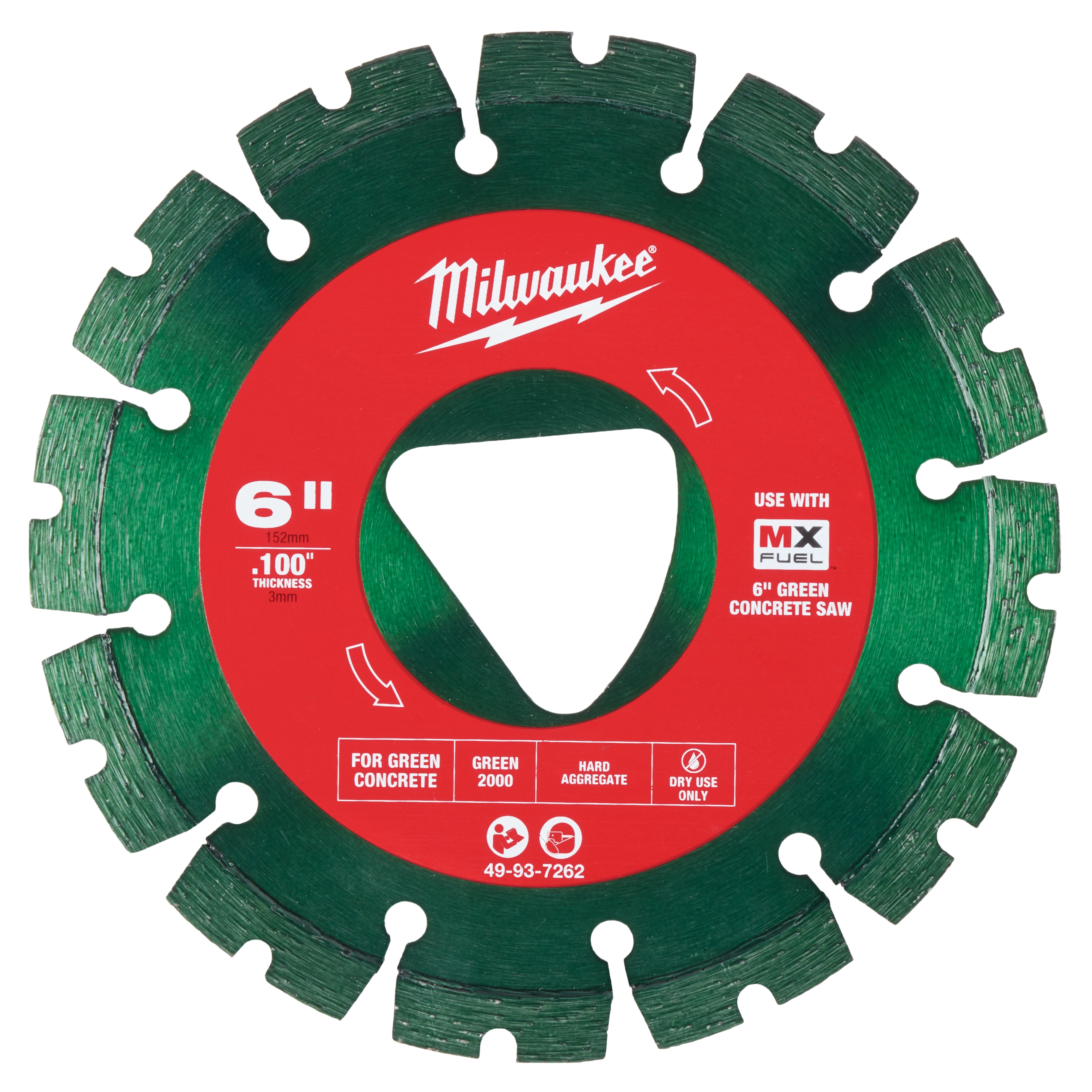 Green 6" x 0.100" Diamond Blade for Green Concrete features a segmented green blade with a red central ring, used for cutting green concrete.