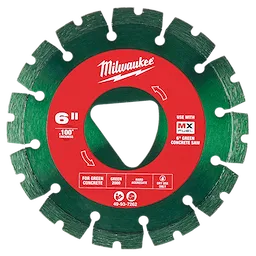 Green 6" x 0.100" Diamond Blade for Green Concrete features a segmented green blade with a red central ring, used for cutting green concrete.