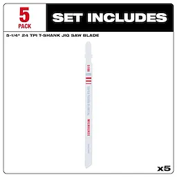 5-Pack 5-1/4" 24TPI T-Shank Metal Cutting Bi-Metal Jig Saw Blades displayed, suitable for tough metal cutting tasks.