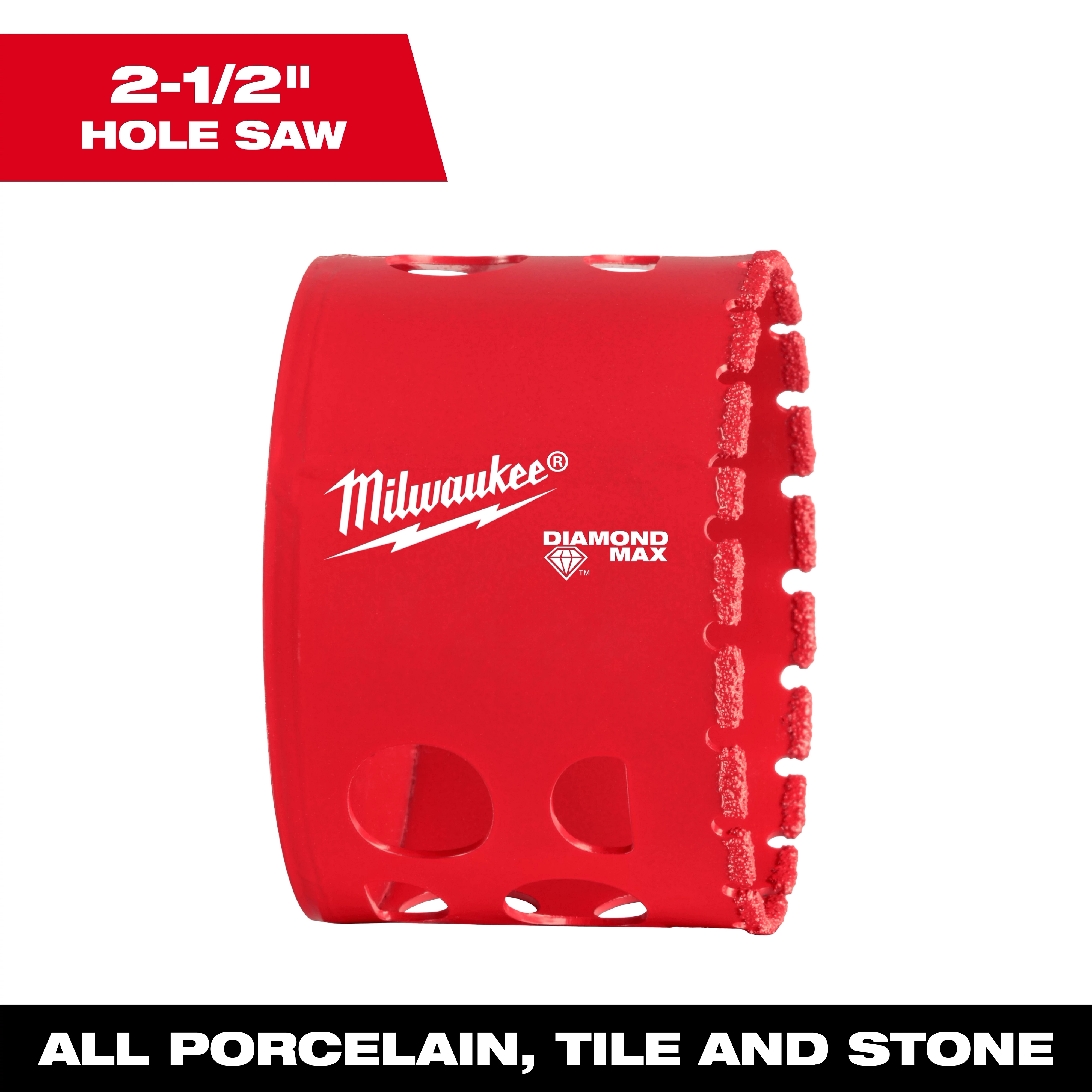 Milwaukee 2-1/2" Diamond Max Hole Saw with red body and diamond grit edge, designed for cutting porcelain, tile, and stone.