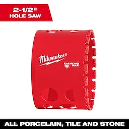 Milwaukee 2-1/2" Diamond Max Hole Saw with red body and diamond grit edge, designed for cutting porcelain, tile, and stone.