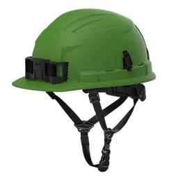 The BOLT™ Green Front Brim Safety Helmet w/ 4pt Ratcheting Suspension - Type 2, Class E is a green helmet designed for construction or industrial use. It features a front-facing LED light clip, adjustable four-point ratcheting suspension system, and chin strap for secure fit and enhanced safety.