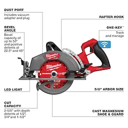 Milwaukee M18 FUEL 7-1/4" Rear Handle Circular Saw with ONE-KEY features dust port, LED light, rafter hook, and cast magnesium shoe.