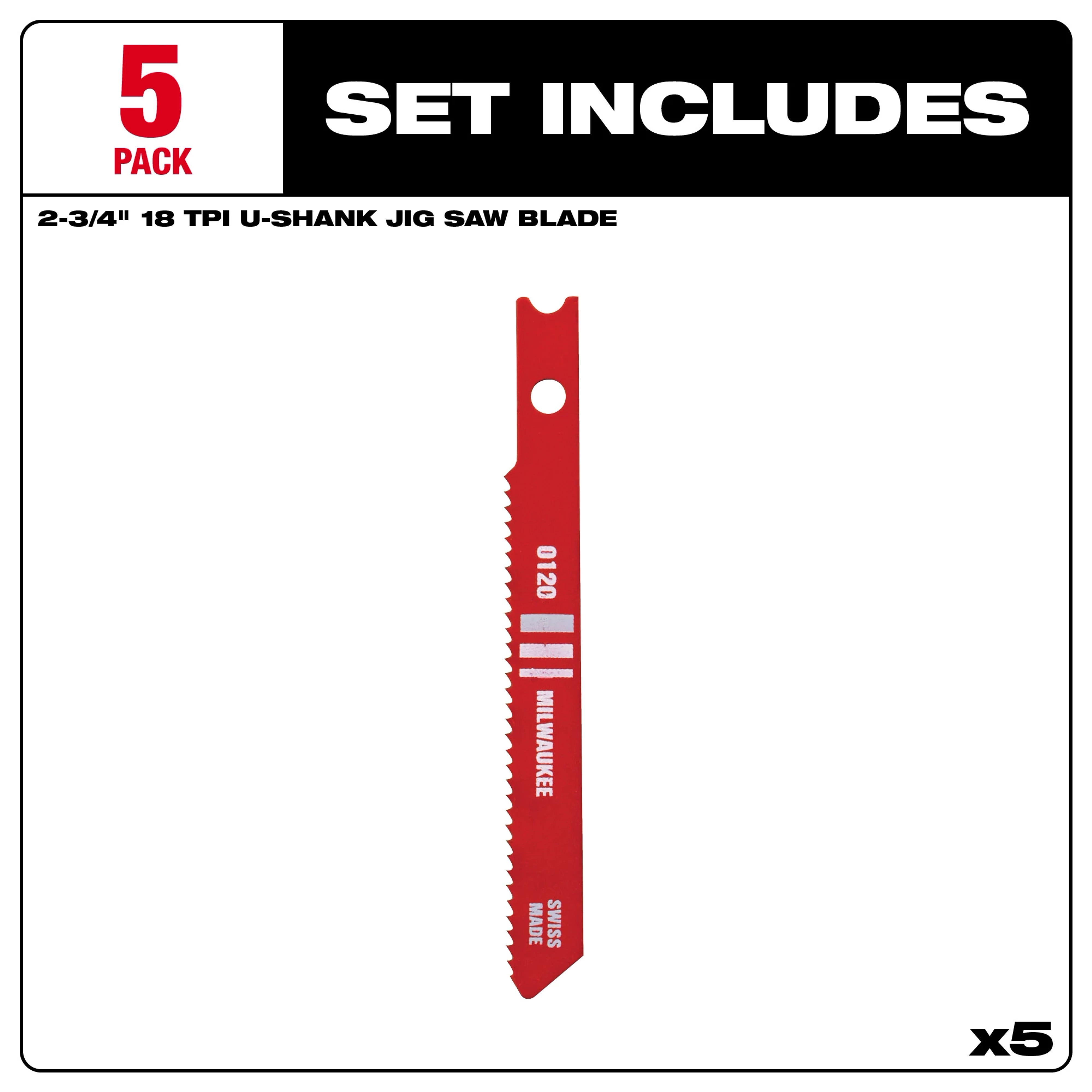 Red 2-3/4" 18TPI U-Shank metal high-speed steel jig saw blade, set of 5, with product information displayed.