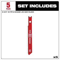 Red 2-3/4" 18TPI U-Shank metal high-speed steel jig saw blade, set of 5, with product information displayed.