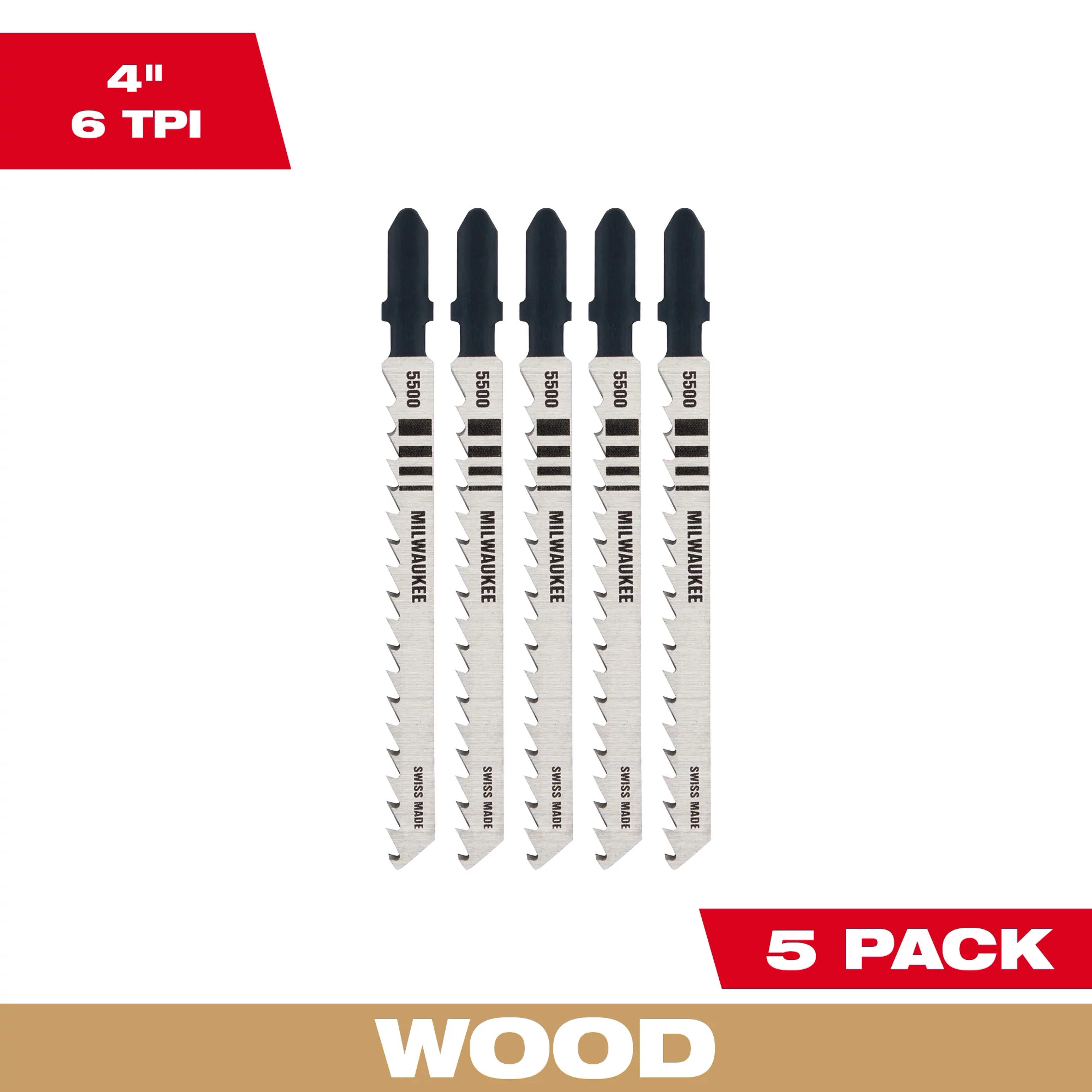 4" 6TPI T-Shank Wood High Carbon Steel Jig Saw Blades 5PK, featuring 5 silver jig saw blades for cutting wood, labeled as 5500.