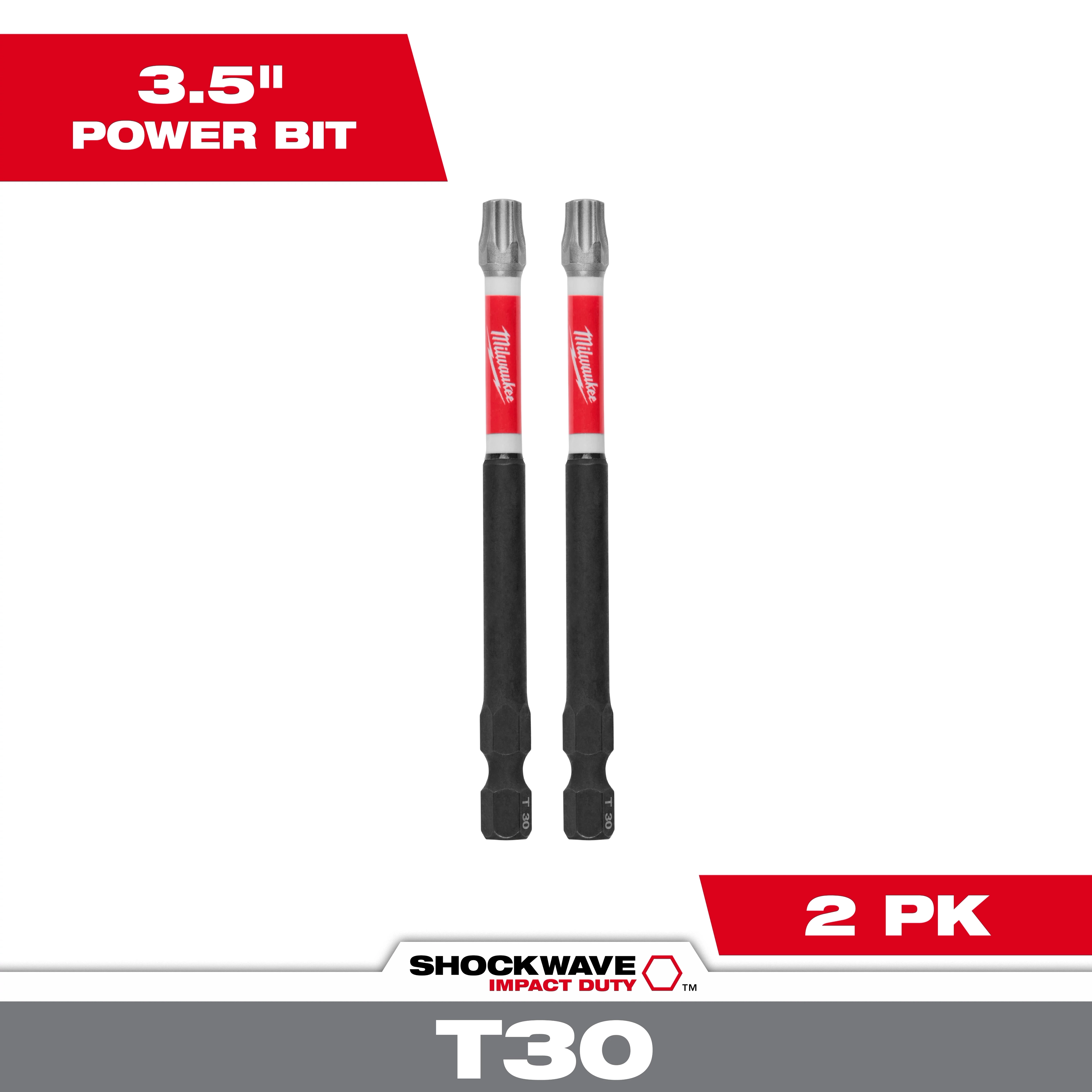 Image of two SHOCKWAVE™ Impact Duty 3-1/2" T30 Bits (2 PK). The bits are displayed vertically with a red and black design. Text on the image indicates "3.5" Power Bit" and "2 PK." Branding includes "Milwaukee" and "SHOCKWAVE Impact Duty T30."