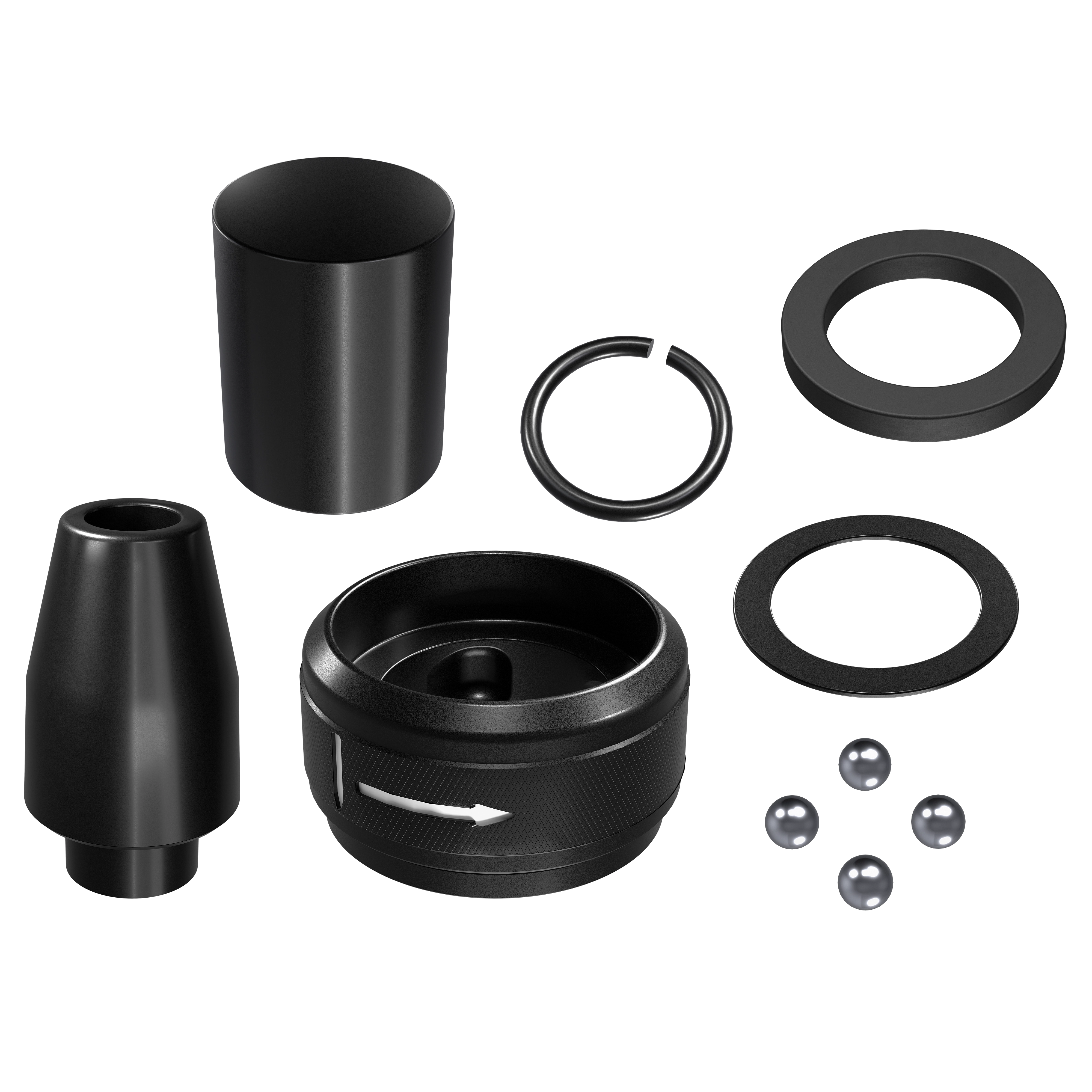 M18 FUEL STRIKER Hammer Chisel Chuck Replacement Kit with multiple black metal components arranged on a plain background.