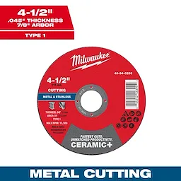 4-1/2" x .045" x 7/8" Ceramic+ Metal Cut Off Wheel - Type 1, for cutting metal and stainless, red with product details.