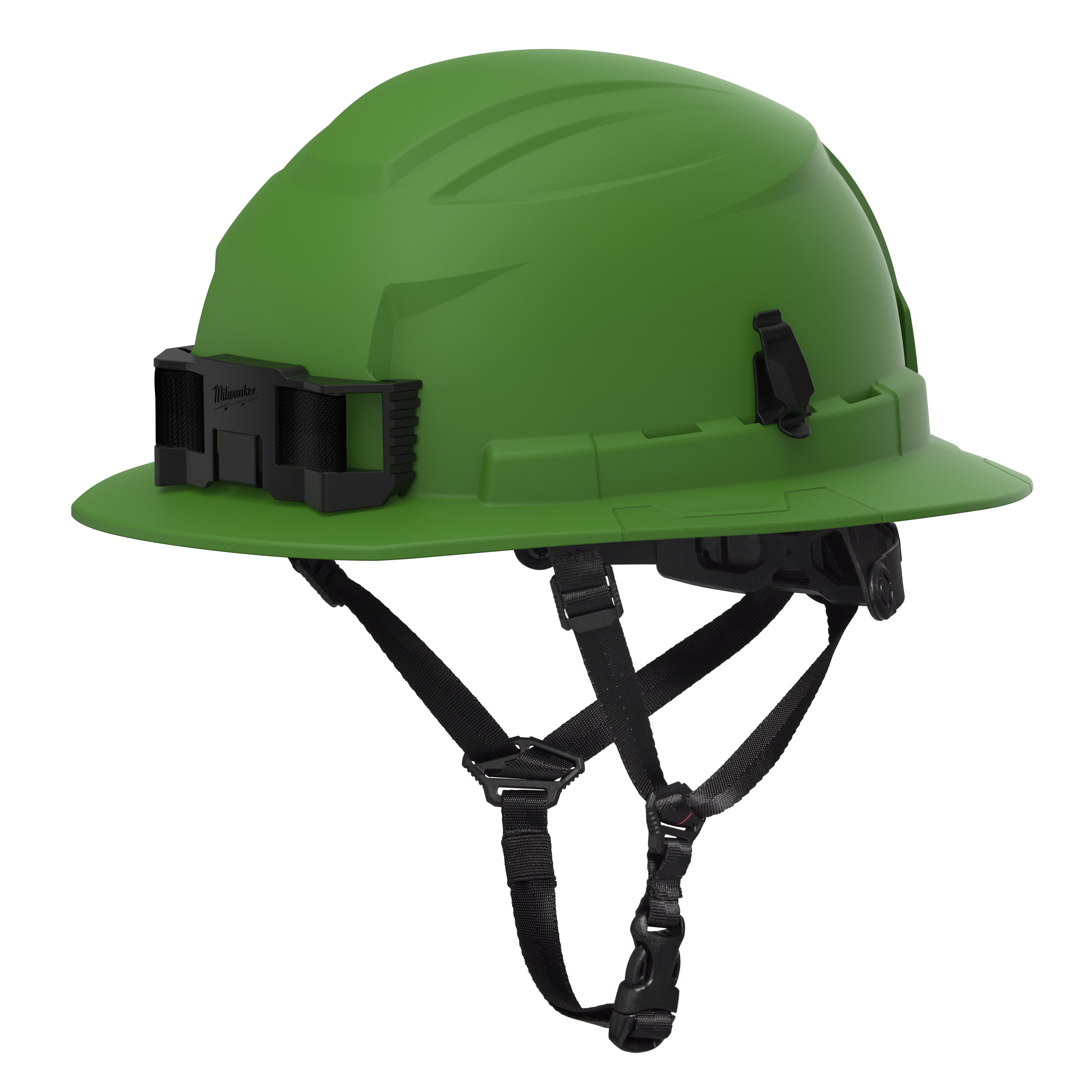 BOLT™ Green Full Brim Safety Helmet with 4pt Ratcheting Suspension – Type 2, Class E is a durable, green safety helmet with full brim, adjustable ratcheting system, and chin strap for secure fit. It features side clips and attachment points suitable for various work environments for enhanced protection and comfort.