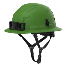 BOLT™ Green Full Brim Safety Helmet with 4pt Ratcheting Suspension – Type 2, Class E is a durable, green safety helmet with full brim, adjustable ratcheting system, and chin strap for secure fit. It features side clips and attachment points suitable for various work environments for enhanced protection and comfort.