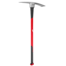 The 5lb Pick Mattock (34" Handle) features a heavy-duty steel head with a pick and adze, set on a durable, ergonomic 34-inch red and black handle designed for digging and breaking up soil or rocks.