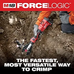 The M18™ FORCE LOGIC™ 6T Linear Utility Crimper is shown being used in a construction environment. The tool is designed for fast and versatile crimping operations in a rugged terrain. Text reads, "The fastest, most versatile way to crimp."