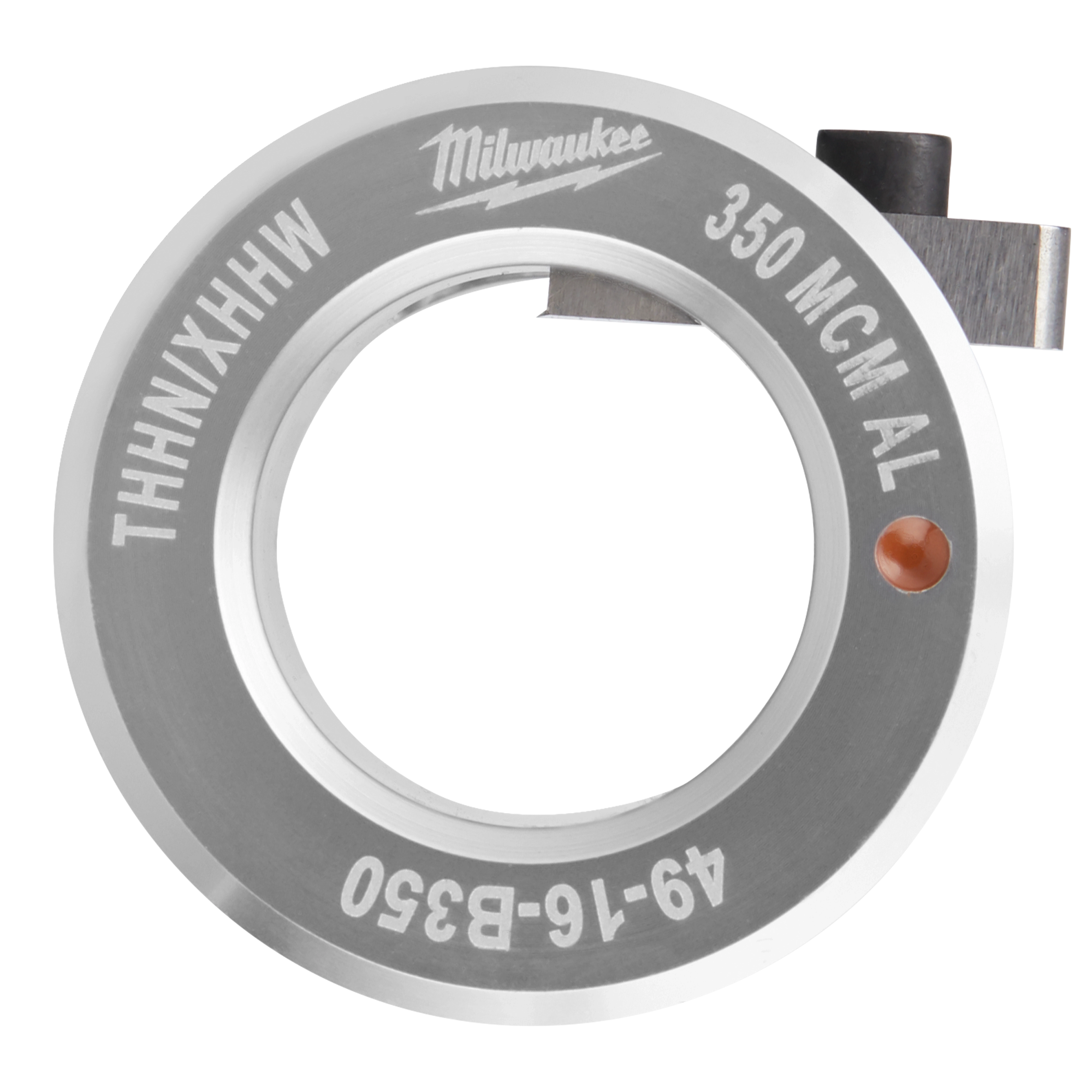 Silver Milwaukee 350 MCM AL THHN/THWN Copper Die with orange marking and black adjustment lever, model 49-16-B350.