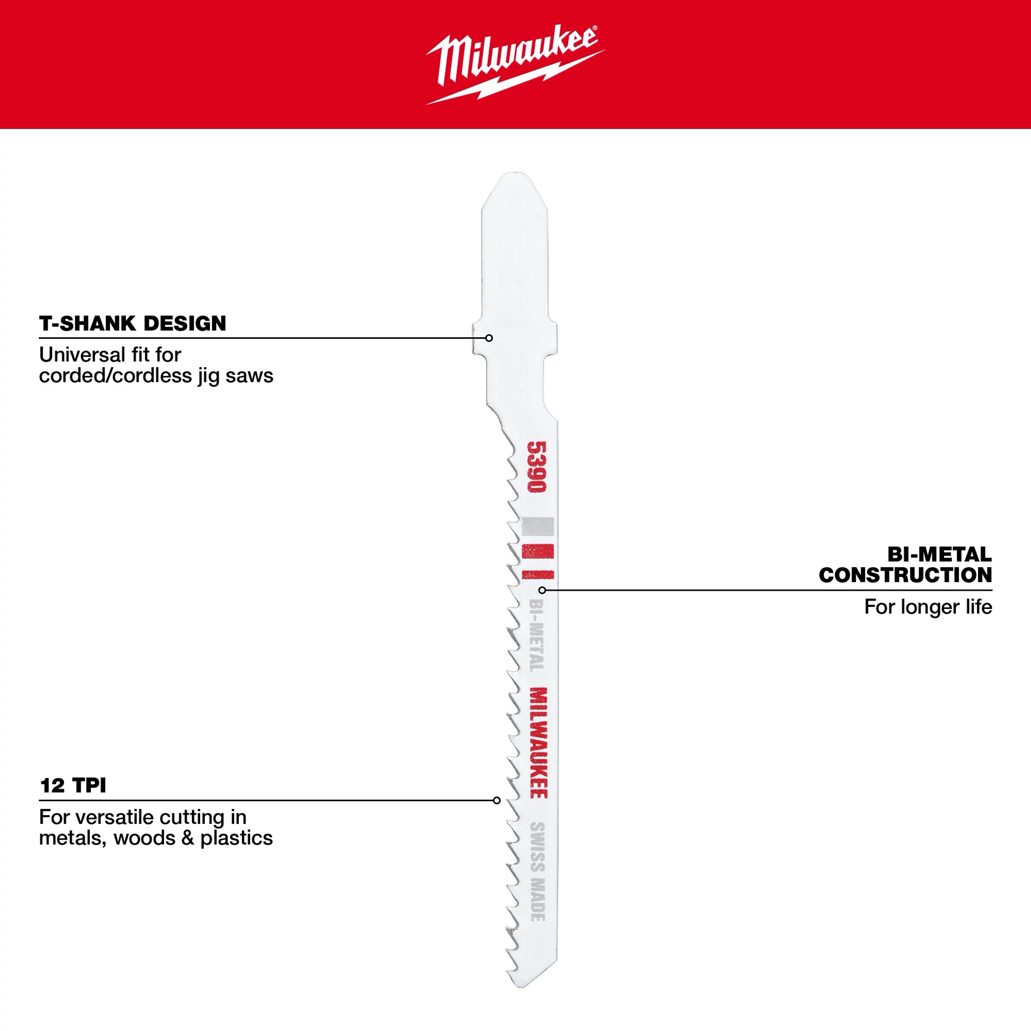 3" 12TPI T-Shank Multi-Material Bi-Metal Jig Saw Blade, 5-pack, featuring universal fit, versatile cutting, and durable bi-metal construction.