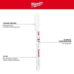3" 12TPI T-Shank Multi-Material Bi-Metal Jig Saw Blade, 5-pack, featuring universal fit, versatile cutting, and durable bi-metal construction.