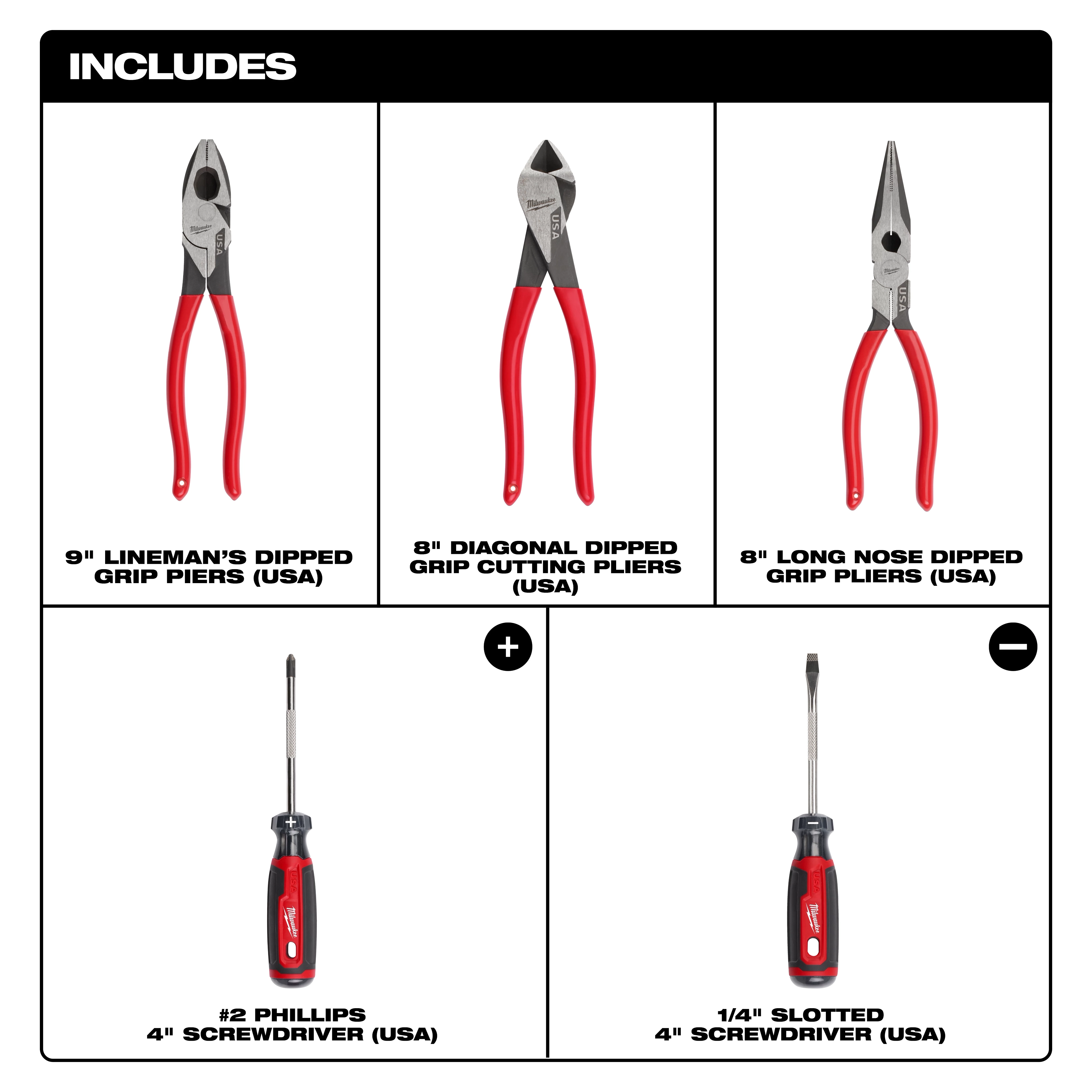 The image shows a 5PC Dipped Grip Cutting Pliers & Cushion Grip Screwdrivers Set (USA). It includes three types of pliers and two screwdrivers, specifically a 9" Lineman’s, 8" Diagonal Cutting, 8" Long Nose, #2 Phillips, and a 1/4" Slotted Screwdriver.