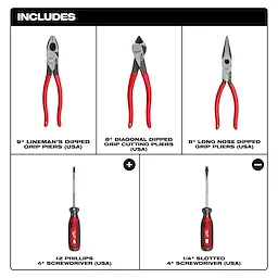 The image shows a 5PC Dipped Grip Cutting Pliers & Cushion Grip Screwdrivers Set (USA). It includes three types of pliers and two screwdrivers, specifically a 9" Lineman’s, 8" Diagonal Cutting, 8" Long Nose, #2 Phillips, and a 1/4" Slotted Screwdriver.