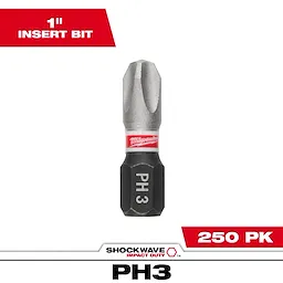 This image shows a single SHOCKWAVE™ 1" Impact Duty Phillips #3 Insert Bit. The bit is labeled "PH3" and features a red Milwaukee band. The text indicates it comes in a bulk pack of 250.