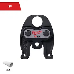 The image shows a Milwaukee M12 1-inch PEX crimp jaw. It has a black and silver finish with the Milwaukee logo in red. The tool is designed for use with PEX piping, as indicated by the PEX label and pipe emblem in the bottom left corner.