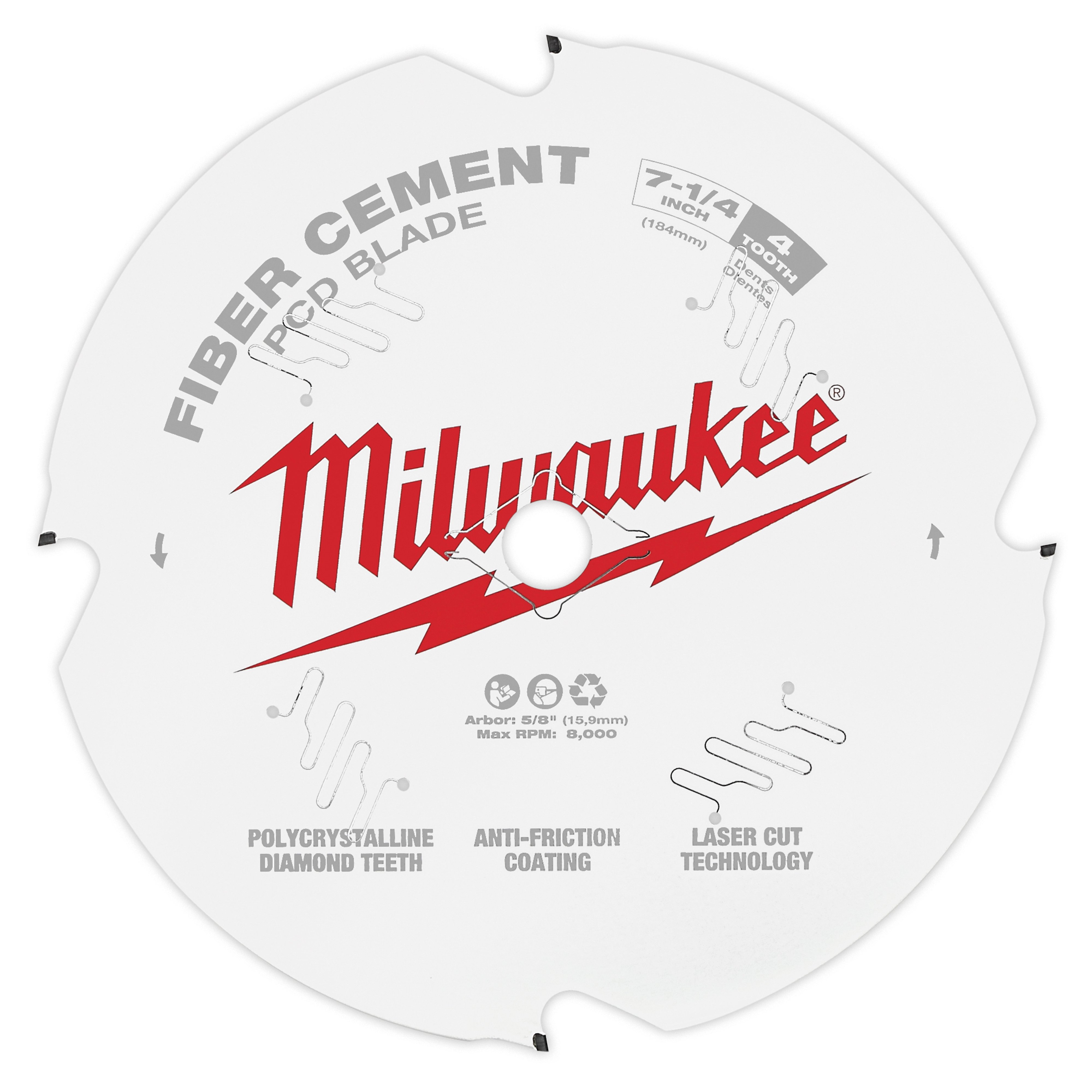 Fiber Cement Circular Saw Blade with polycrystalline diamond teeth, anti-friction coating, and laser cut technology. 7-1/4 inch, 4 teeth.