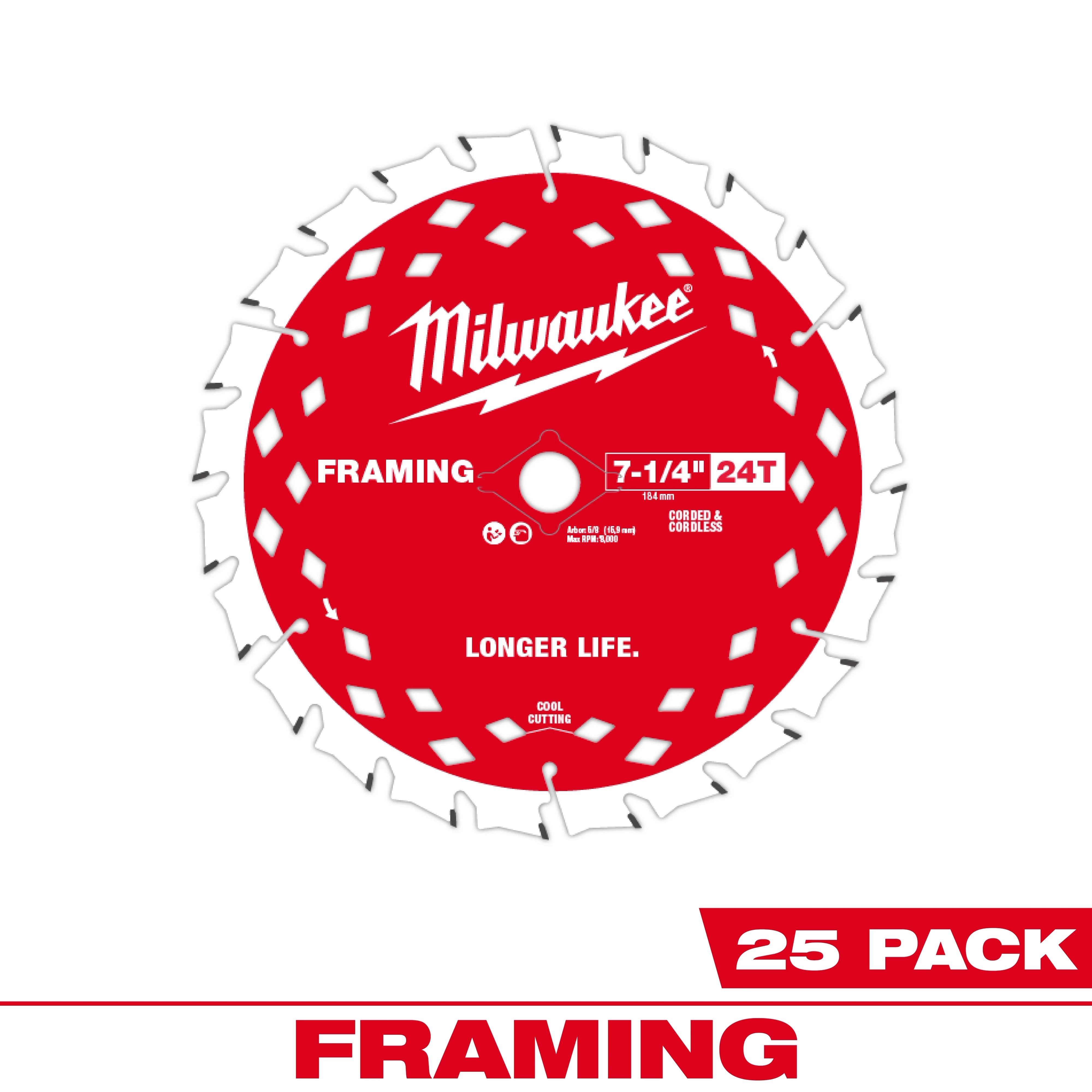 7-1/4" 24T Framing Circular Saw Blade by Milwaukee in a 25 pack, featuring a red design with "Longer Life" and "Cool Cutting" text.