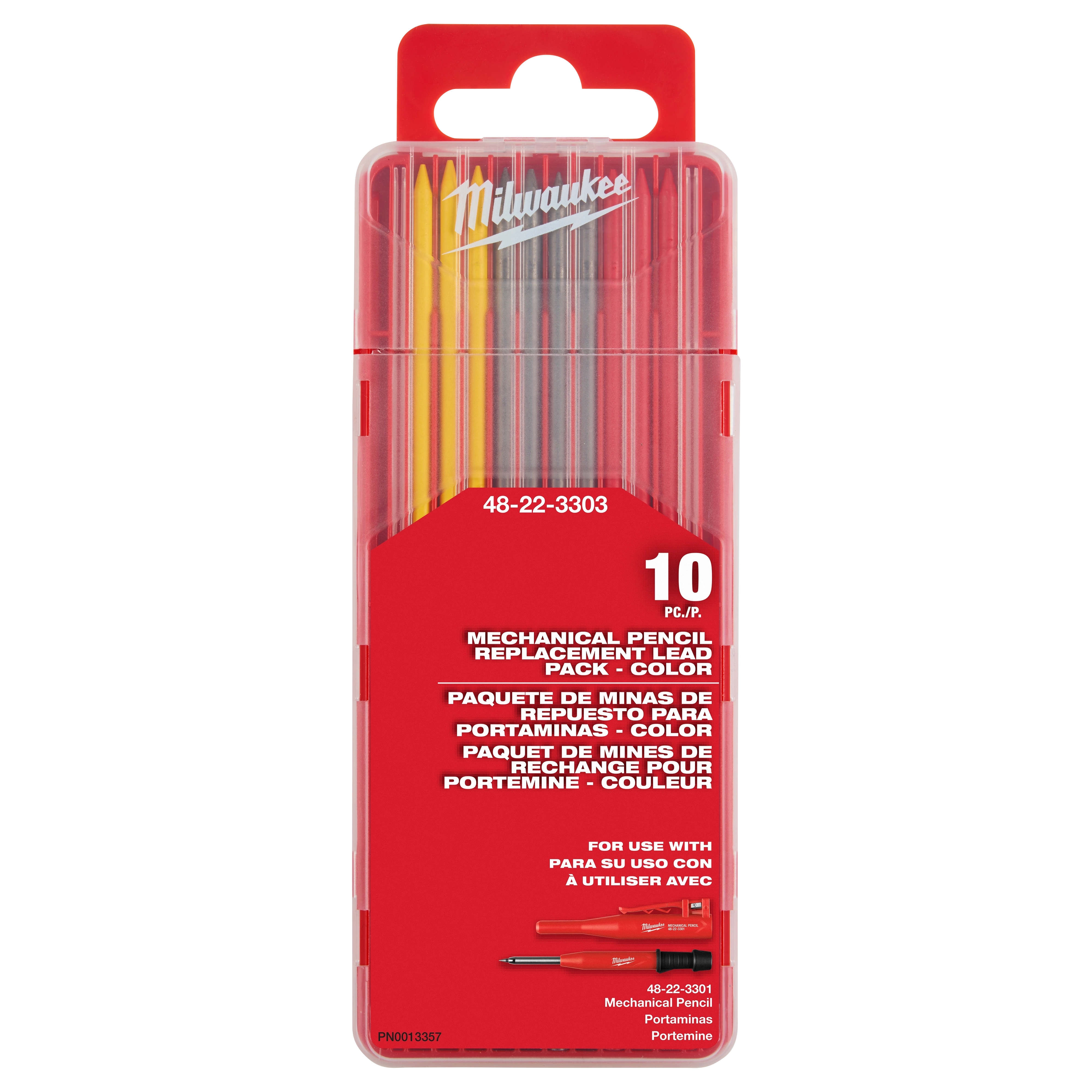 Pack of 10 multicolor Mechanical Pencil Replacement Lead sticks in a red plastic case, with both English and Spanish labels.