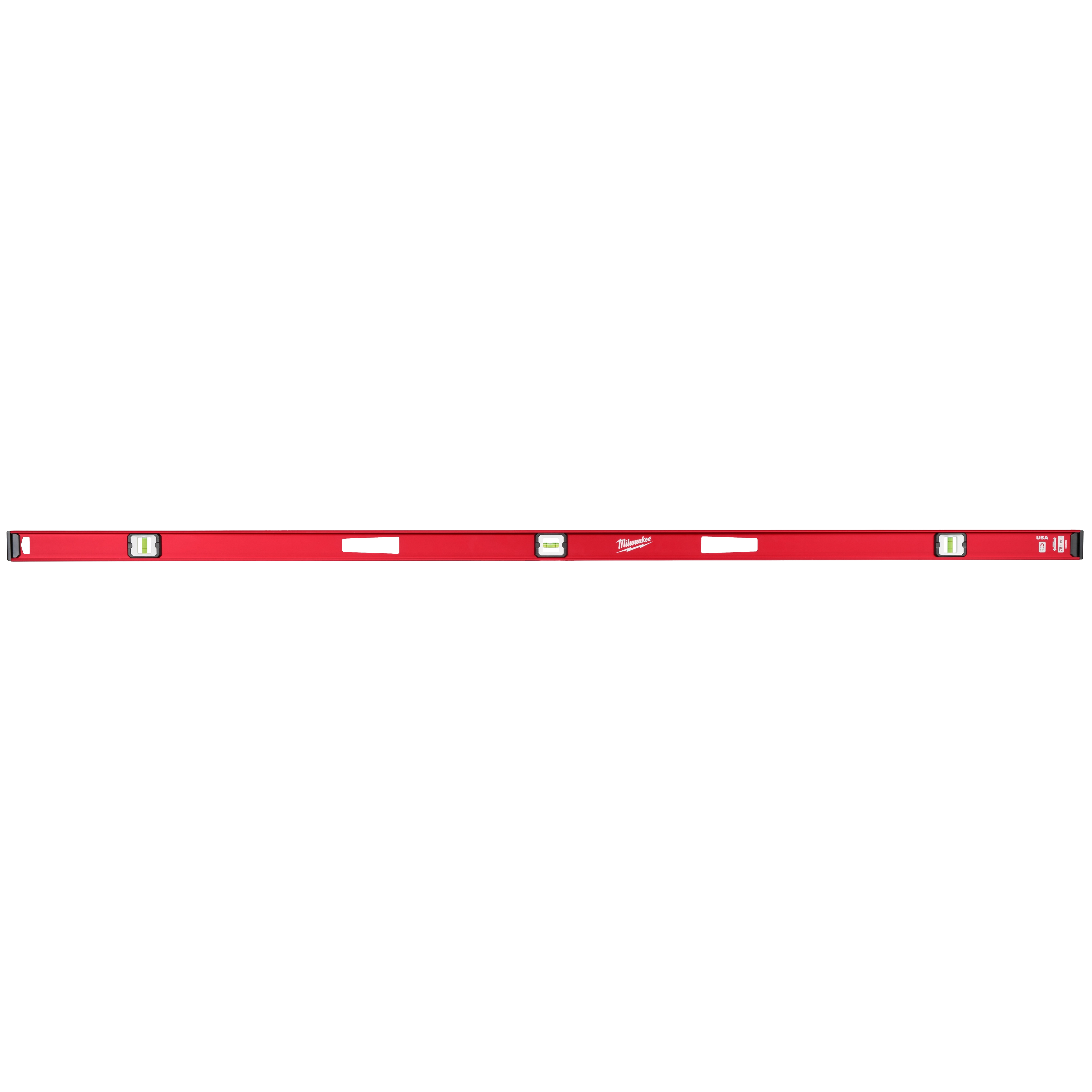 The Milwaukee 78" Magnetic I-Beam Level is a red, elongated tool featuring three bubble vials for horizontal and vertical leveling. It has magnetic strips for hands-free use on metal surfaces, and hand grips for easy handling. The Milwaukee logo is displayed near the center.